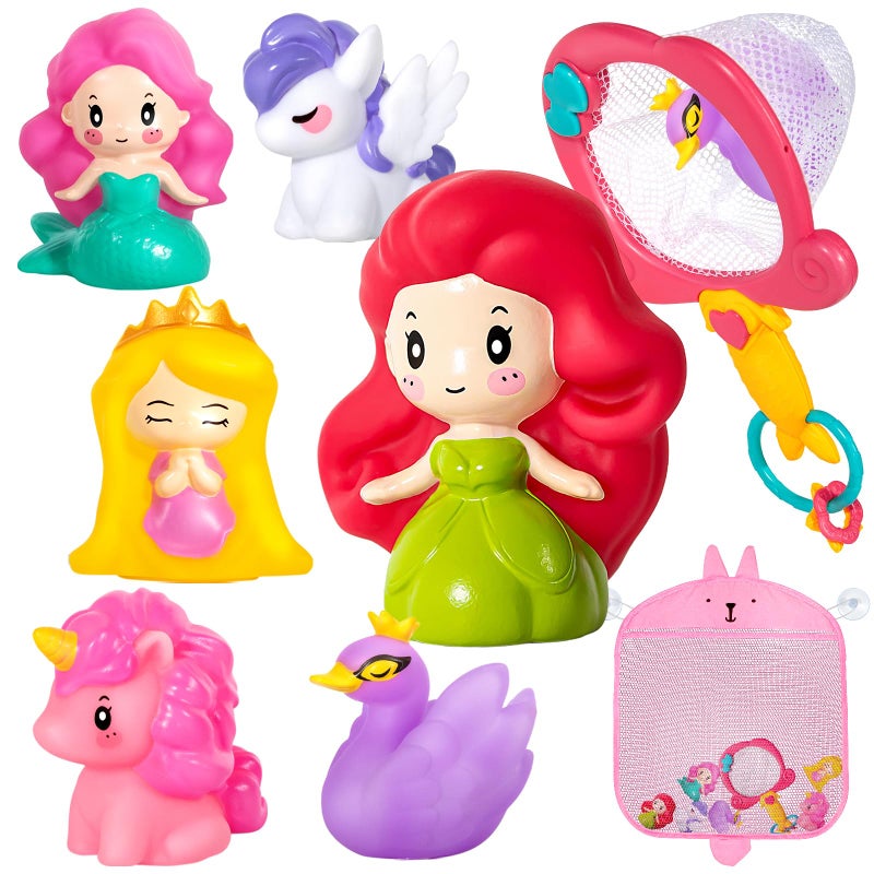 Hely Cancy No Hole Bath Toys for Kids Ages 1-3, 8 Pcs Girl Bath Toys with Storage and Net, Sealed & Squeezable & Float on Water - Image 1